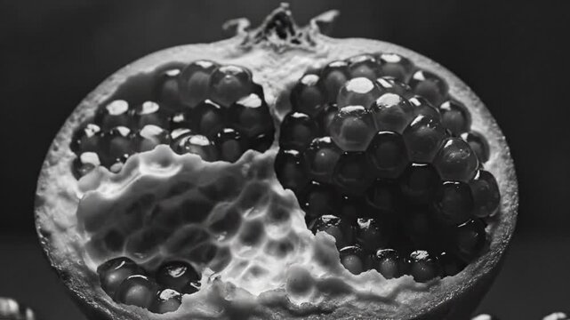 Black and white close-up shot of a pomegranate fruit, revealing juicy red arils in dramatic lighting.