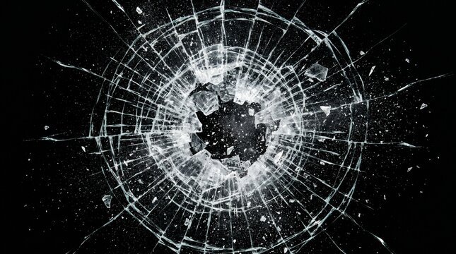A dense, complex spiderweb fracture pattern radiating from a heavily smashed center in a pane of glass.