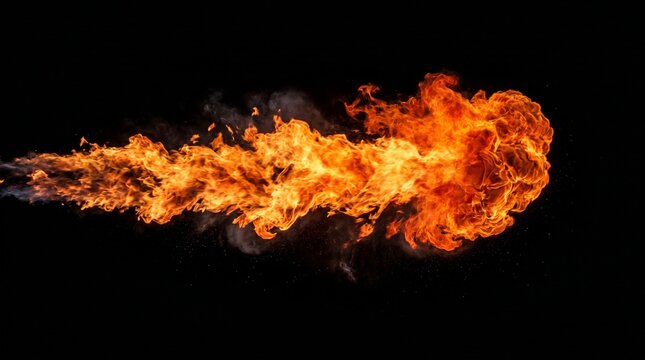 A horizontal stream of intense orange flames rolling across a black background with smoke.