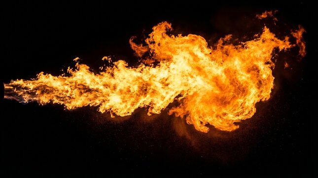A horizontal jet or stream of intense orange and yellow fire shooting across a dark background.