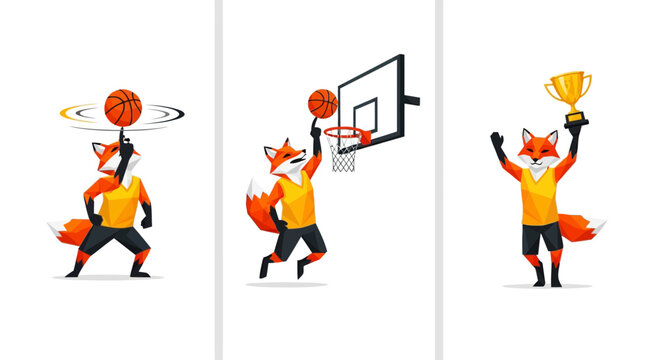 Low poly fox mascot basketball player and winner set