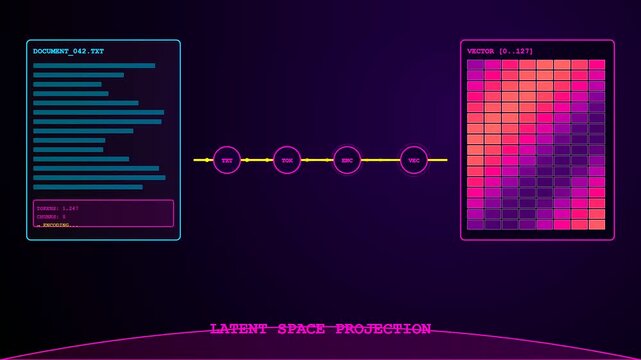 A sophisticated Vector Database Query is demonstrated through this dynamic interface visualization showing how text documents are converted into colorful latent space mathematical numeric embeddings.