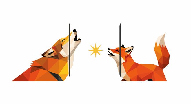 Geometric Low Poly Wolf and Fox Howling with Celestial Star
