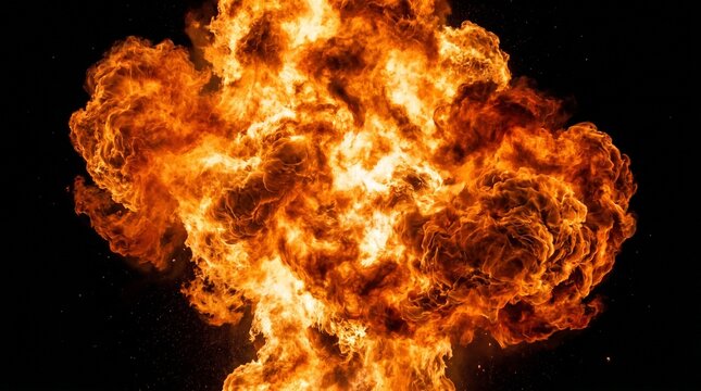 An intense, chaotic explosion filling the frame with bright orange, yellow, and red flames.