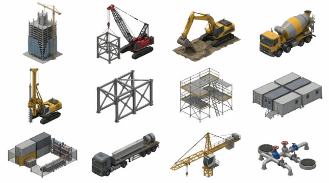 Collection of construction machinery and equipment illustrations.