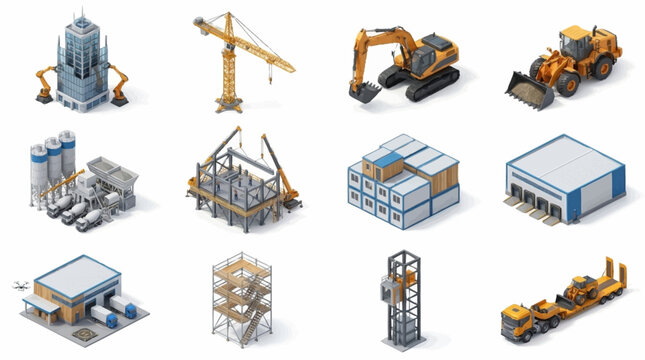 Isometric Construction Equipment and Industrial Buildings Collection.