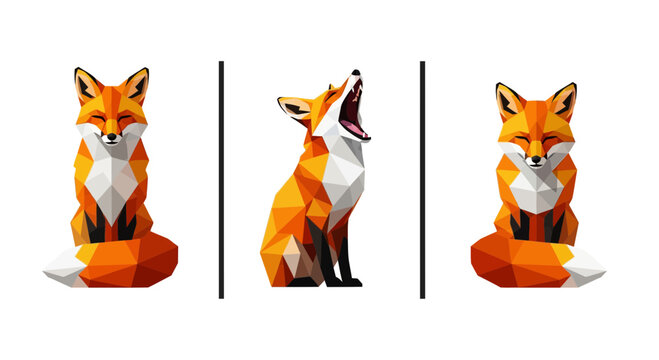 Geometric low poly fox set in various elegant poses
