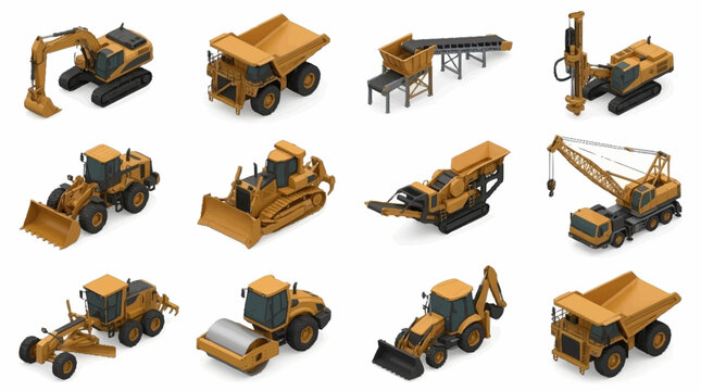 Collection of yellow construction vehicles and heavy machinery.