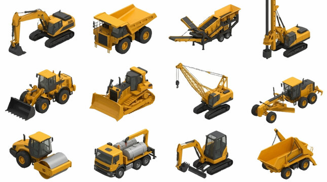 Collection of yellow construction vehicles and heavy machinery.