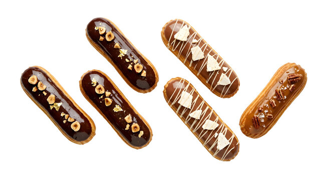 Isolated set of five assorted chocolate eclairs with nuts and icing glaze, delicious pastry dessert for menu design