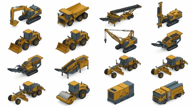 Collection of yellow construction vehicles and machinery.