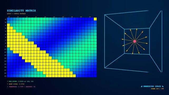 A sophisticated technical interface visualizes a Vector Database Query showing dynamic similarity matrix shifts and rotating three dimensional embedding space nodes for information processing.