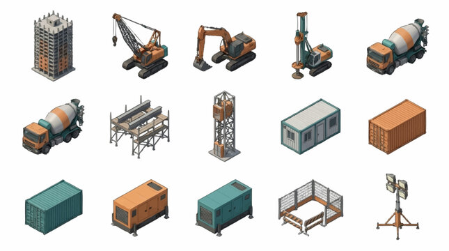 Colorful Isometric Construction Equipment and Site Elements.