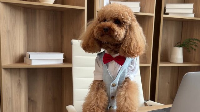 Toy poodle in bow tie attentively posed at home office desk through sequence