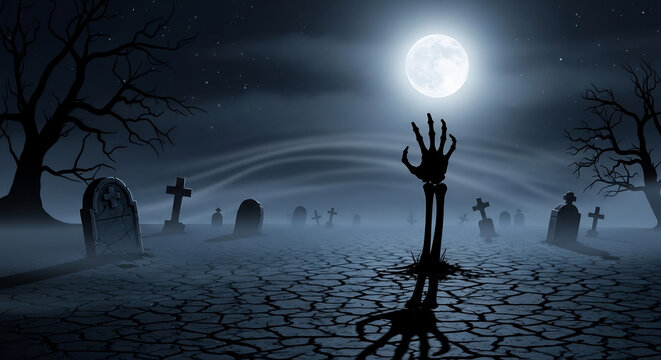 Creepy black silhouette of a bony zombie hand reaching up from the grave.
