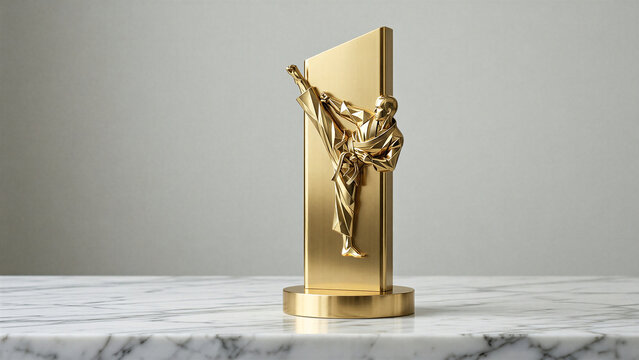 karate gold trophy with martial arts fighter kicking figure sculpture