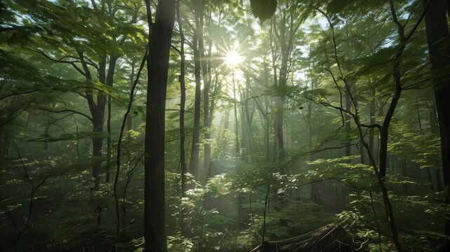 Sunbeam sunlight through forest canopy with tree trunks and leaves in misty tranquil morning