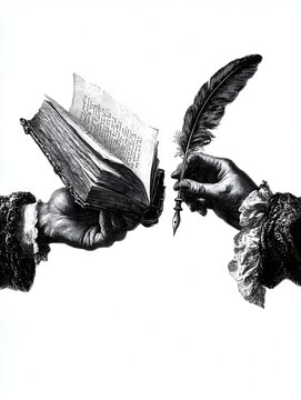 Hands present an open book while other hand holds a quill poised to write against a clean white background in dramatic monochrome illustration.