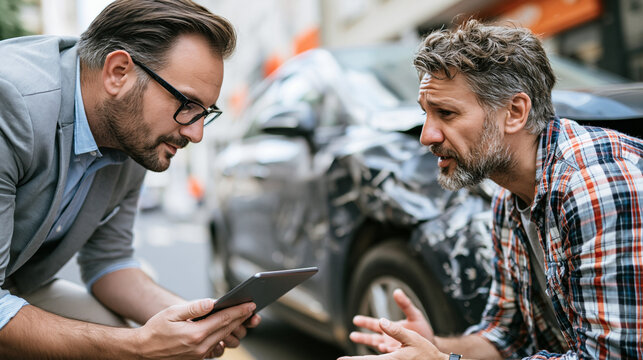  Versicherungsvertreter mit Tablet bewertet den Fahrzeugschaden nach einer Kollision und informiert den besorgten Autobesitzer &uuml;ber die H&ouml;he der Auszahlung