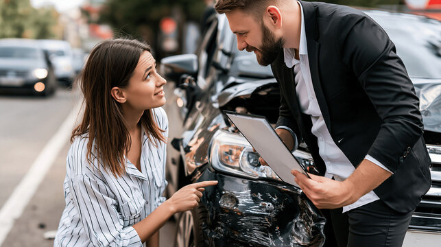  Worried female driver pointing at smashed car bumper, explaining the accident to a male insurance adjuster holding a clipboard at the crash scene.
