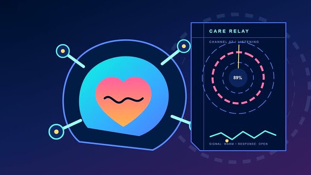 Digital empathy networks visualize health data through a glowing heart icon on a dark interface representing patient monitoring systems within a modern virtual medicine display