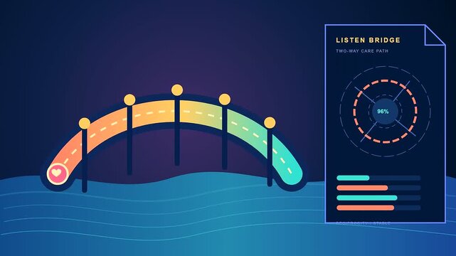 Digital empathy networks visualize the progressive care path as a glowing bridge with data metrics represented in a modern interface for tracking human connection development