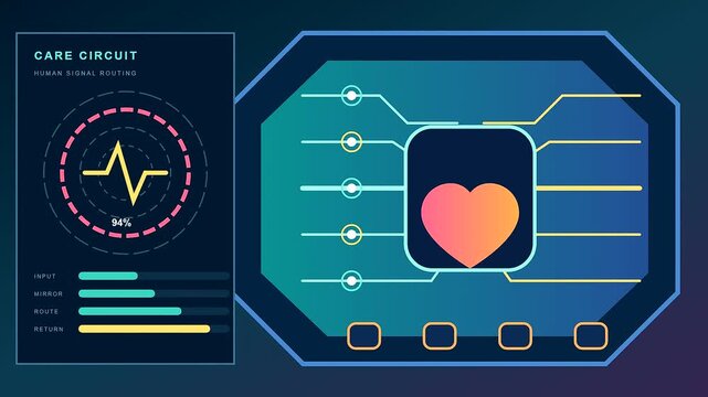 Digital empathy networks visualize human vital signs through glowing abstract symbols and linear light patterns displayed inside a dark blue medical monitoring user interface display monitor