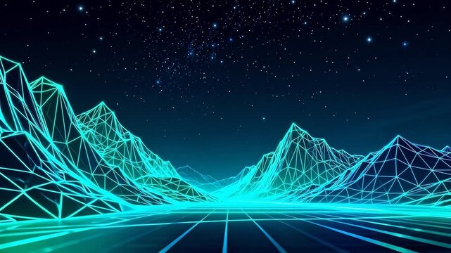 Neon geometric mountains under starry sky