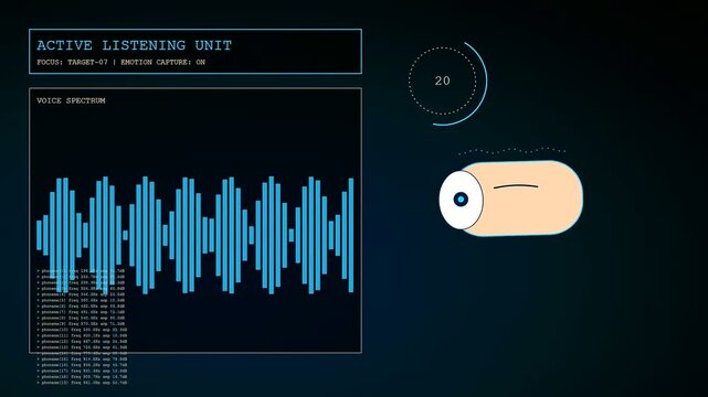 Digital empathy networks visualize sound wave patterns as an animated creature monitor displays biological feedback data in this sophisticated graphic interface for modern scientific research analysis