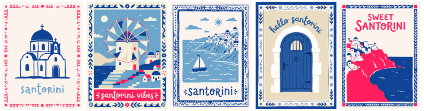 Santorini. Mediterranean summer. Vector illustration of blue domes, whitewashed cliffside houses, and caldera views. Frame for poster, postcard, or T-shirt print.
