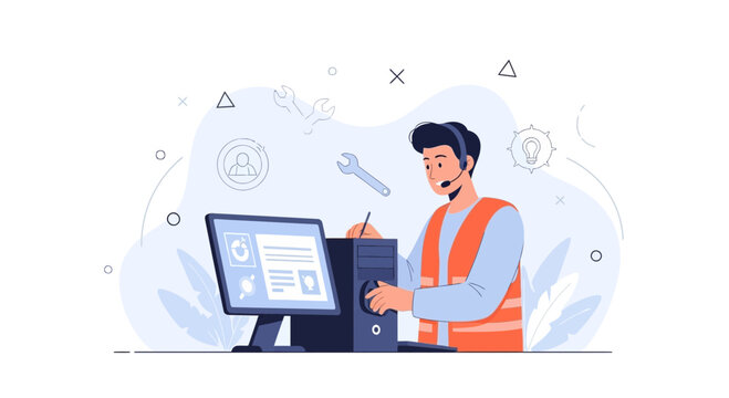 Computer Technician with Headset and Tools, Illustrating IT Support, Repair, and Technical Assistance Concept