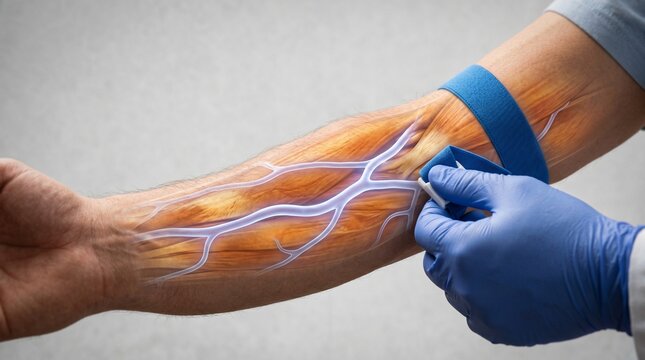 Precise venipuncture tourniquet forearm vein distended composite featuring tourniquet, forearm vein and phlebotomy, created as a macro clinical composite, ultra-detailed and noise-free. Zero noise.
