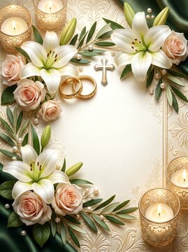 Elegant Christian wedding program template with white lilies, blush roses, gold rings, cross, candles, pearls, olive branches and ornate cream background.