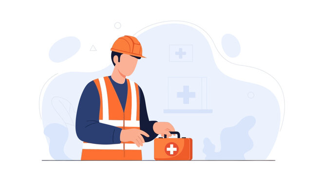 Construction worker in hard hat and safety vest holding a first aid kit, symbolizing safety and emergency response in the workplace.