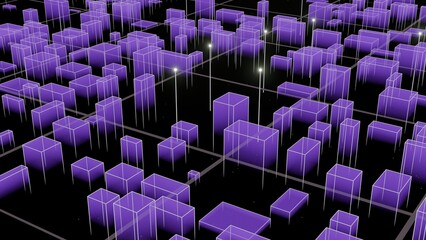 Obraz premium 3D Futuristic City Render with Violet Holographic Elements, Cyber Technology Concept 