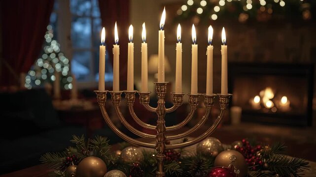 Bronze and golden brass menorah candle display with nine lit candles festive holiday table