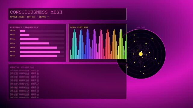 Digital empathy networks displayed as moving data visualizations on a dark purple interface showing active soul counts and fluctuating resonance frequencies within a complex system grid