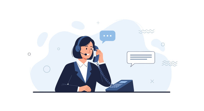 Customer Service Representative with Headset on Phone, Chat Bubbles, Vector Illustration