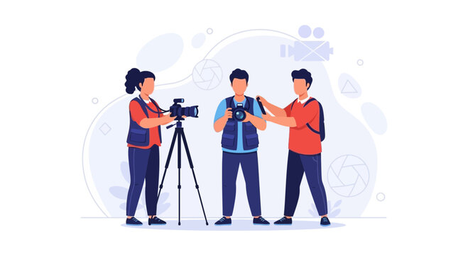 Filmmaking crew with camera and equipment, vector illustration of media production team at work