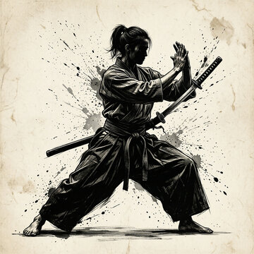 karate iaido samurai warrior practicing sword techniques in ink splash style