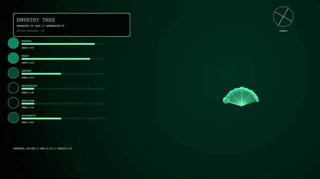 Digital empathy networks shown through a glowing green interface featuring multiple dynamic data bars and a central structural tree icon emerging on a dark monitor