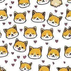Fototapeta premium Cute seamless pattern of happy cartoon corgi dog faces and pink hearts on a white background