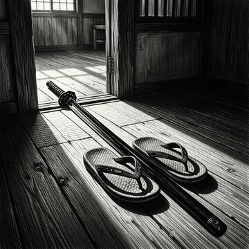 karate iaido katana sword and zori sandals in traditional japanese dojo