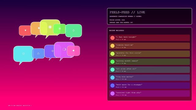 Digital empathy networks visualize streams of sentiment through colorful floating icons and list displays that organize anonymous messaging logs on a vibrant gradient purple background