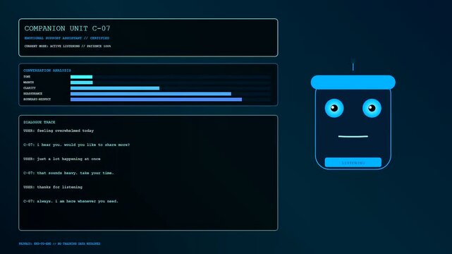 Digital empathy networks emerge as a glowing blue robot face monitors conversation streams changing expressions through varying charts in this animated sequence of interface visuals
