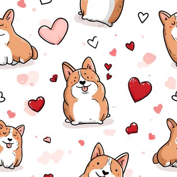 Cute cartoon seamless pattern with corgi dogs and hearts for valentine's day or pet love designs