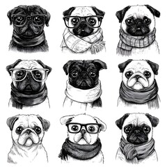 Fototapeta premium Hand-drawn collection of charming pug dogs wearing stylish glasses and cozy scarves