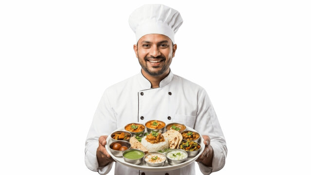 Smiling chef holding a plate of indian food isolated on transparent background