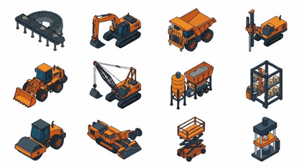 Collection of orange construction vehicles and equipment. © Solikin