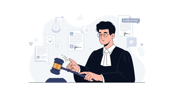 Judge in robe with gavel and legal documents, representing e-discovery and justice in court